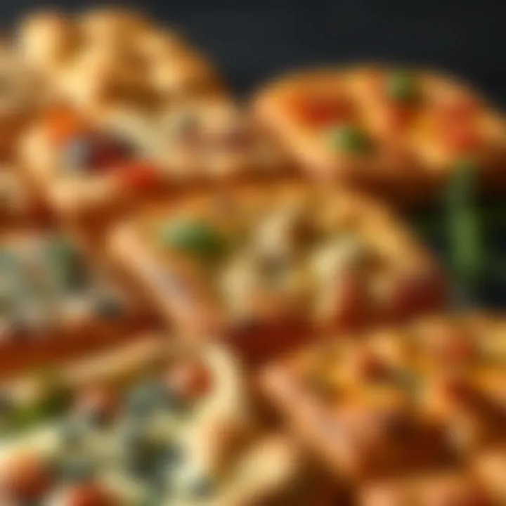 An array of focaccia varieties garnished with herbs and toppings