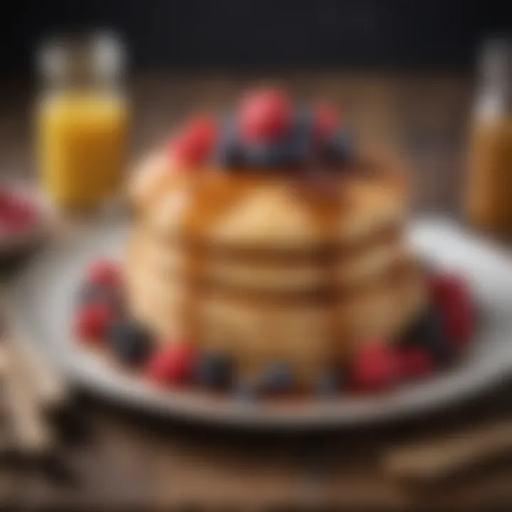 Decadent pancakes topped with syrup and berries, served on a rustic table