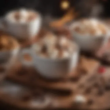 A close-up of gourmet toppings for hot chocolate, including marshmallows and spices.