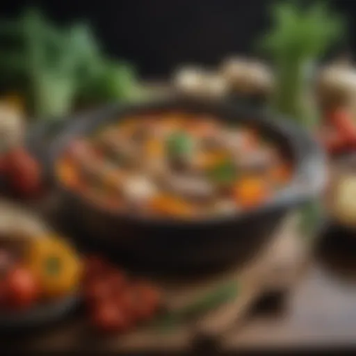 A vibrant display of a one-pot meal brimming with colorful vegetables and protein.