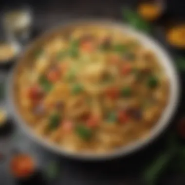 Flavorful Pasta Presentation A delectable pasta dish garnished with herbs and seasonal vegetables.