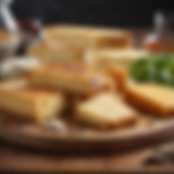 A variety of gourmet cheeses laid out on a wooden board