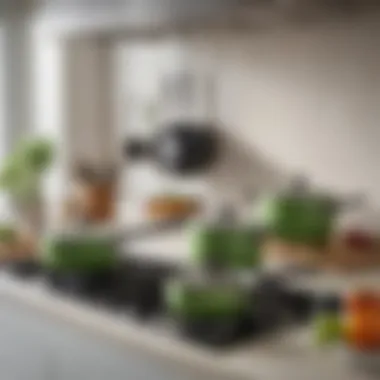 An array of GreenPan saucepans displayed in a modern kitchen setting