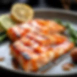 Fresh salmon fillets glistening with honey marinade
