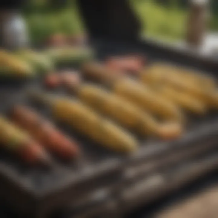 Equipment setup for grilling corn, showcasing a barbecue grill and tools