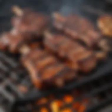 Close-up of charcoal grill with riblets sizzled perfectly