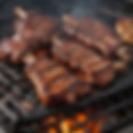 Close-up of charcoal grill with riblets sizzled perfectly