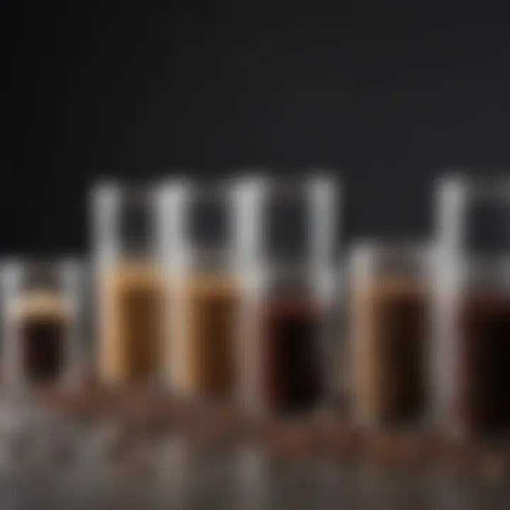 A close-up of various grind sizes displayed in clear containers