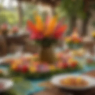 A vibrant table decorated with Hawaiian-themed centerpieces