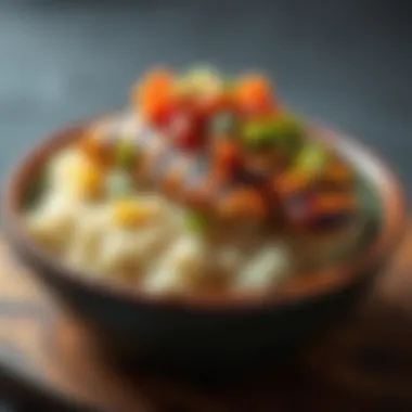 Bowl of rice topped with grilled chicken and salsa