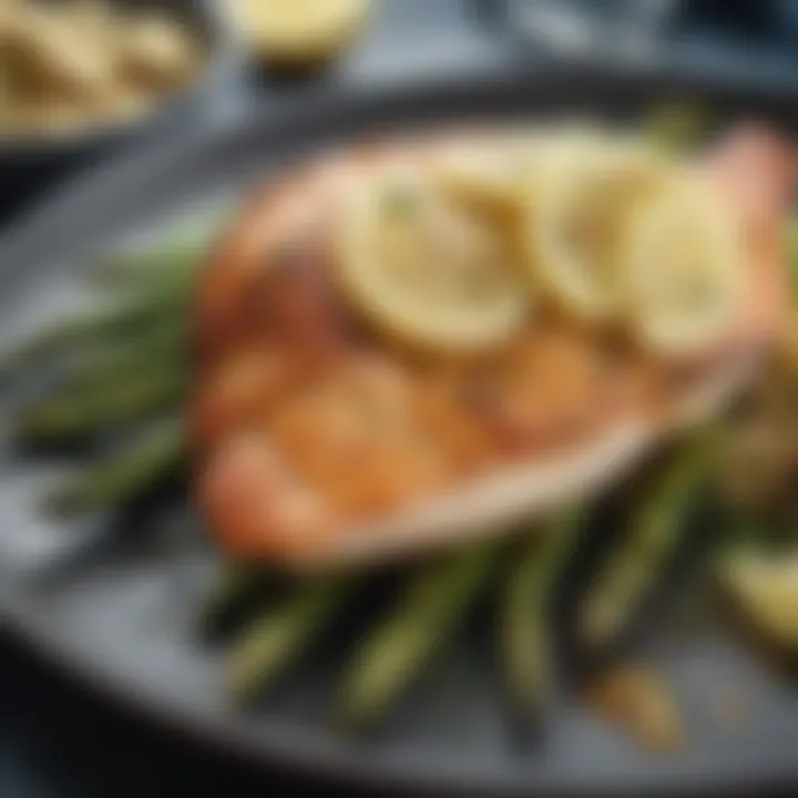 Grilled fish served with a side of steamed asparagus and lemon