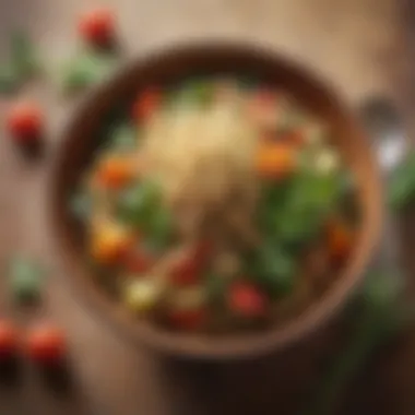 Nutritious Quinoa Bowl A bowl of quinoa adorned with seasonal vegetables and herbs