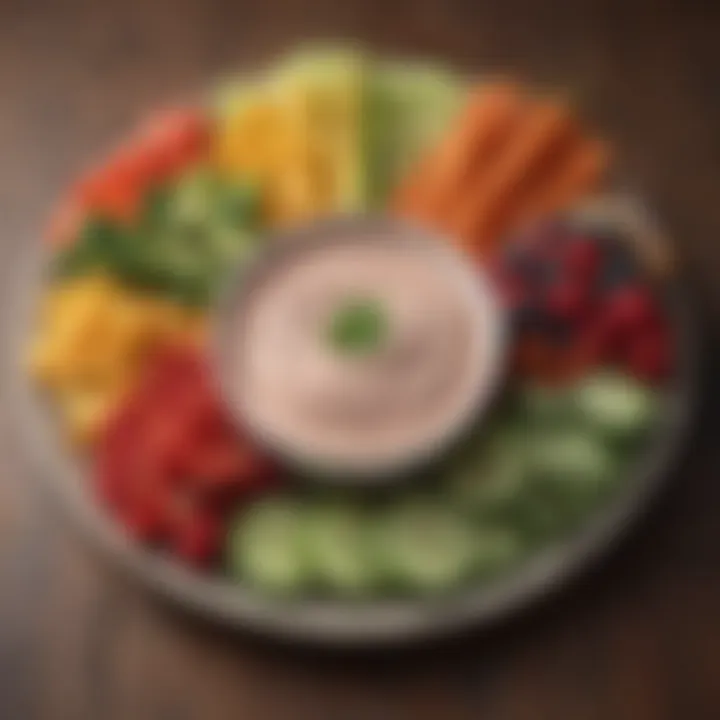 Fresh fruits and vegetable sticks served with dip