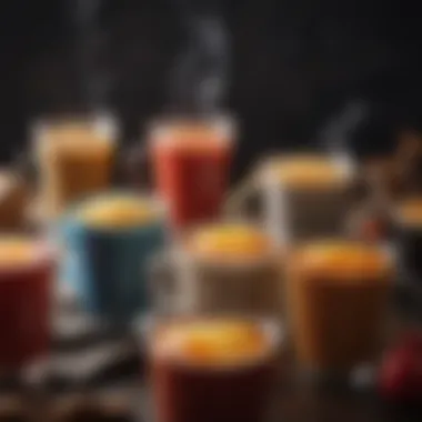 An artistic arrangement of beverages in heated cups