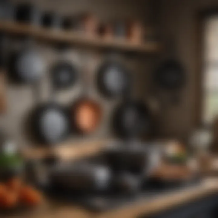 A stunning display of various high-end cast iron cookware in a rustic kitchen setting.