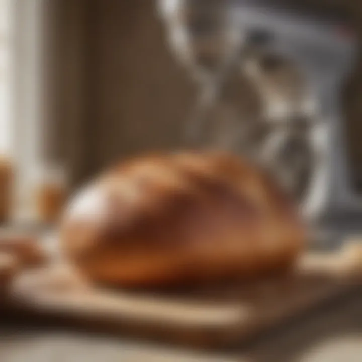 A perfectly baked loaf of bread sitting next to a bread mixer