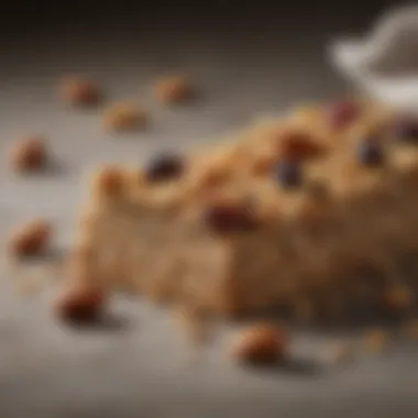 Close-up of a homemade energy bar with nuts and dried fruits, perfect for flights