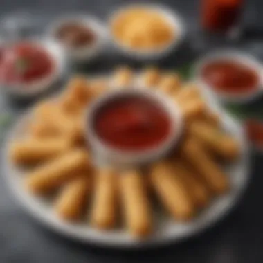 A plate garnished with flavorful dipping sauces alongside mozzarella sticks