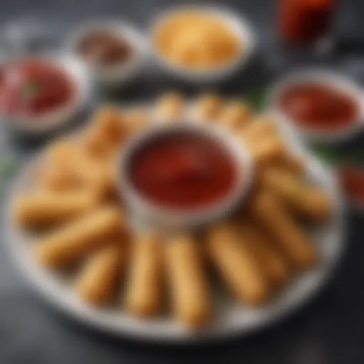 A plate garnished with flavorful dipping sauces alongside mozzarella sticks