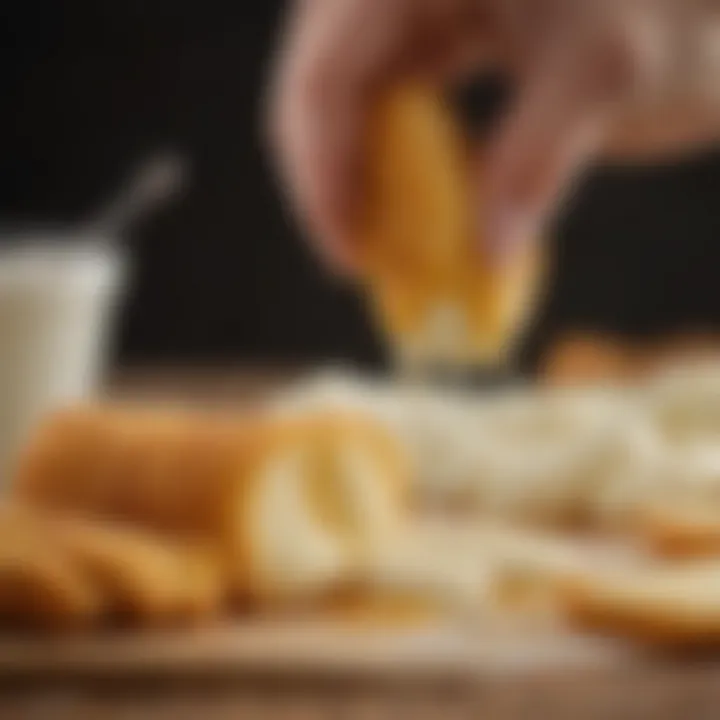 A close-up shot of a mozzarella stick being pulled apart, displaying its stretchy texture