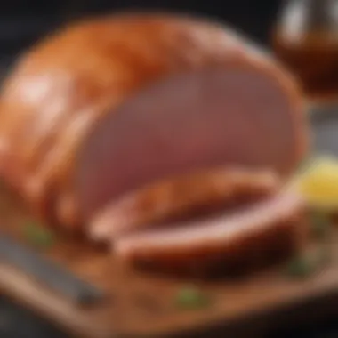 Honey baked ham resting on a cutting board