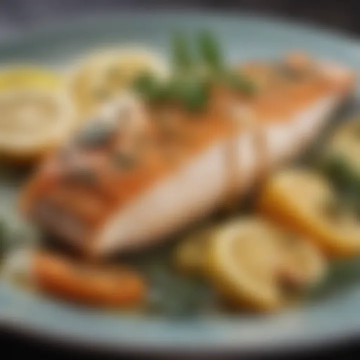 A well-plated baked fish garnished with herbs and lemon slices for a gourmet touch