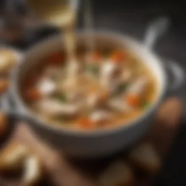 A ladle pouring chicken soup into a bowl