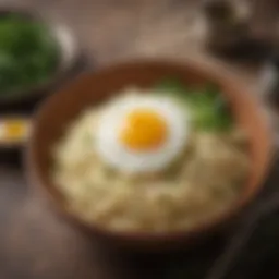 A bowl of fluffy egg rice garnished with herbs
