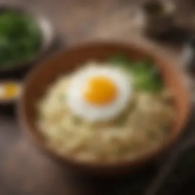 A bowl of fluffy egg rice garnished with herbs