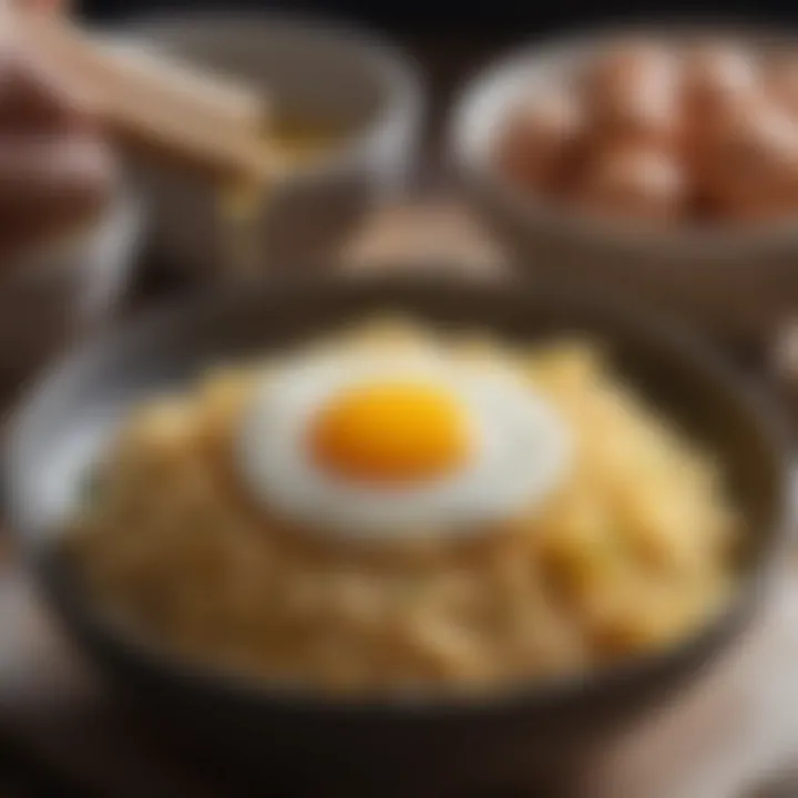 A close-up of egg rice being served in a bowl