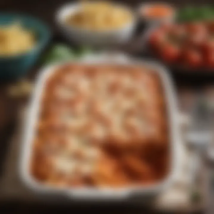 A casserole dish filled with baked ziti fresh out of the oven