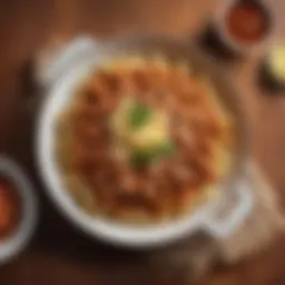 A close-up of ziti pasta with ground beef sauce topped with cheese