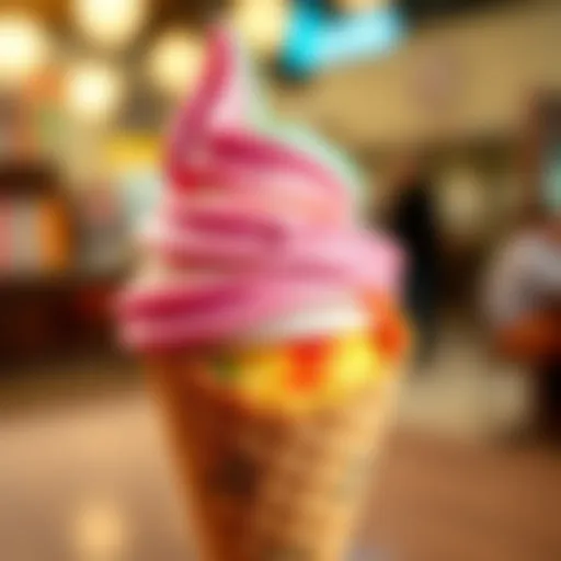 A vibrant scoop of artisanal ice cream in a decorative cone showcasing its colorful layers.