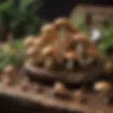 A vibrant variety of edible mushrooms displayed on a rustic wooden table