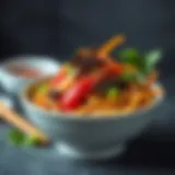 A bowl of Jajangmyun topped with fresh vegetables and sprinkled sesame seeds