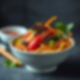 A bowl of Jajangmyun topped with fresh vegetables and sprinkled sesame seeds