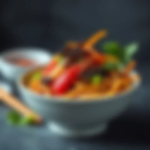 A bowl of Jajangmyun topped with fresh vegetables and sprinkled sesame seeds