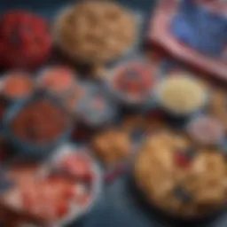 Colorful assortment of July Fourth snacks including red, white, and blue themed treats