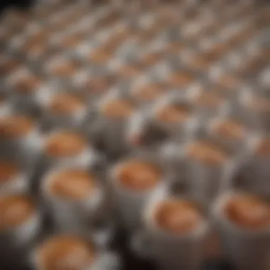 An array of coffee cups filled with Kirkland Decaf coffee highlighting its rich color