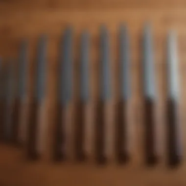 An array of high-quality kitchen knives displayed elegantly on a wooden surface