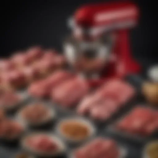 A close-up of various KitchenAid meat attachments arranged elegantly