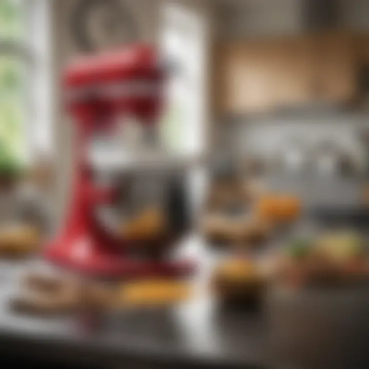 An organized setup of the KitchenAid mixer and its slicer and shredder attachment in a modern kitchen.