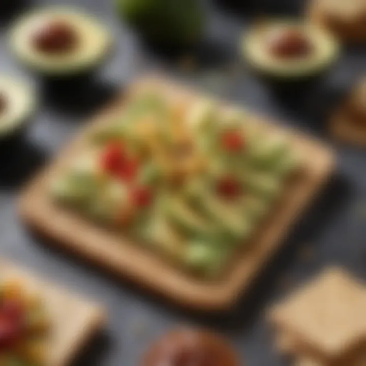 An elegant display of whole grain crackers with avocado and toppings