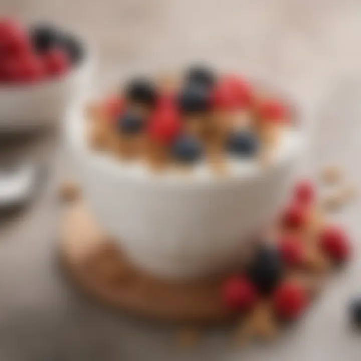 A close-up of a bowl of yogurt topped with berries and granola