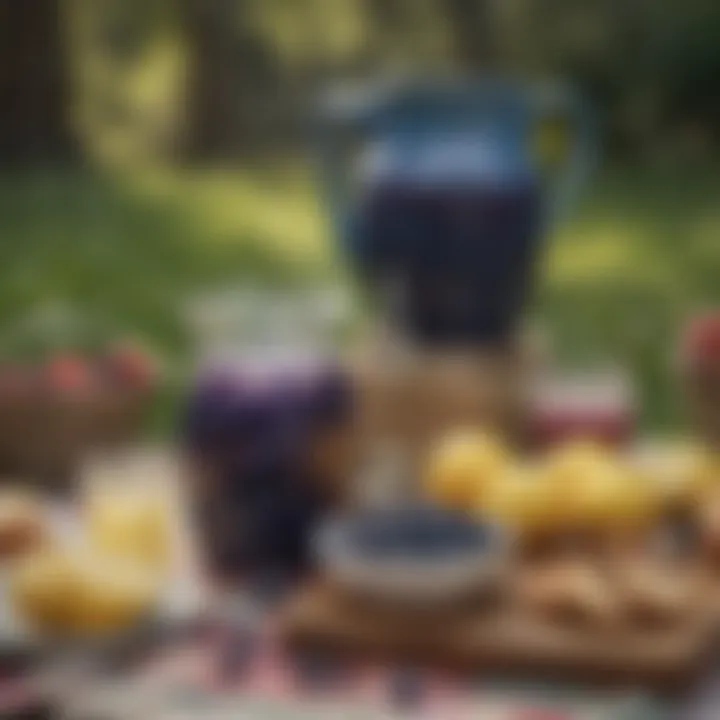 A rustic picnic setup featuring blueberry lemonade in an elegant pitcher