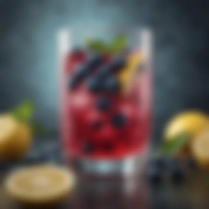 A vibrant glass of blueberry lemonade adorned with fresh berries and mint leaves