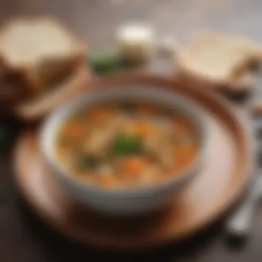 A bowl of hearty vegetable soup with a slice of whole-grain bread on the side