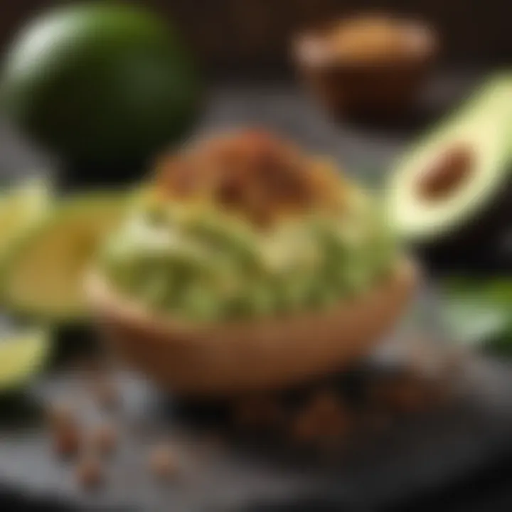 A close-up of a healthy avocado snack with spices