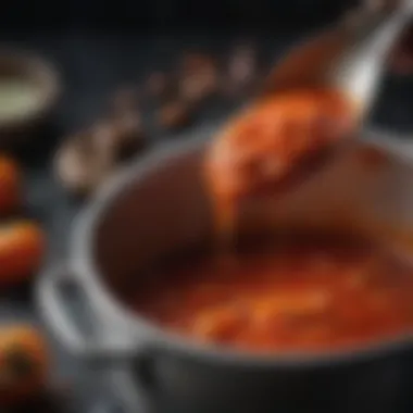 A close-up of a homemade sauce bubbling in a pot, rich in color and texture