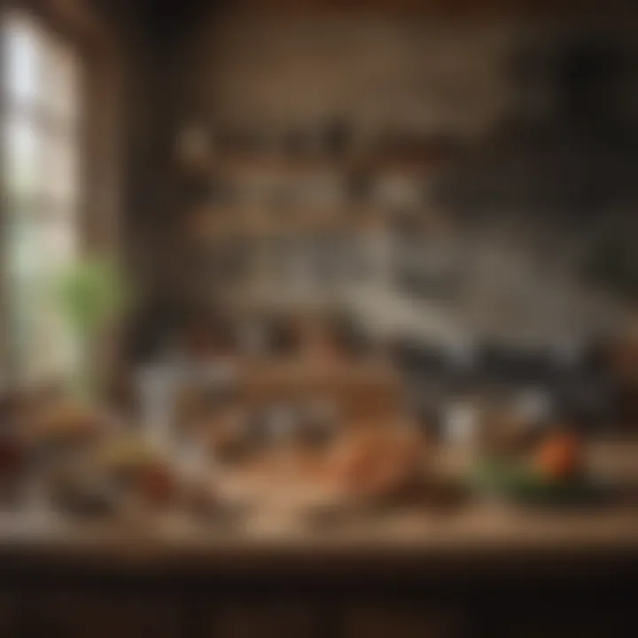 A rustic kitchen setting with essential tools for food preparation